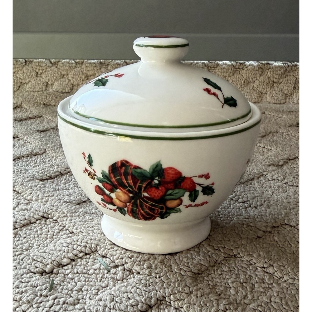 William James Sugar Bowl w/Lid Christmas Holiday Fruit Strawberries Plaid Ribbon